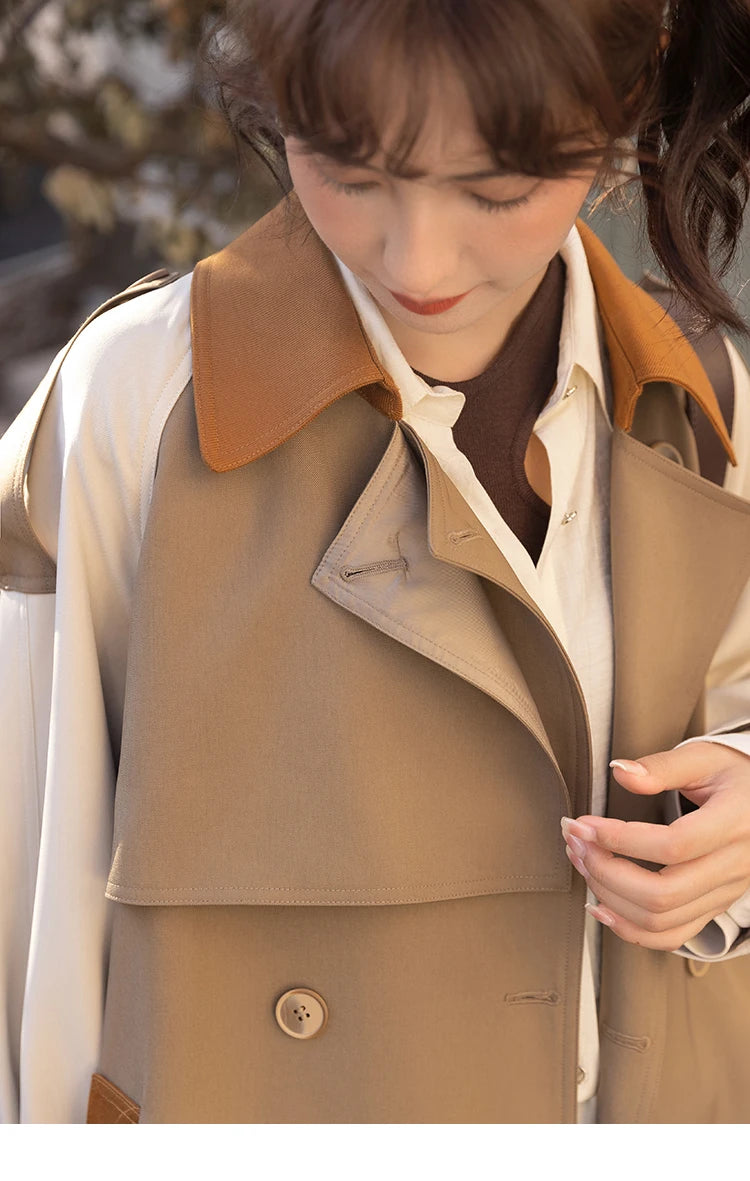 Mishow Khaki Contrast Color Spliced Trench Coat MXB31W0367