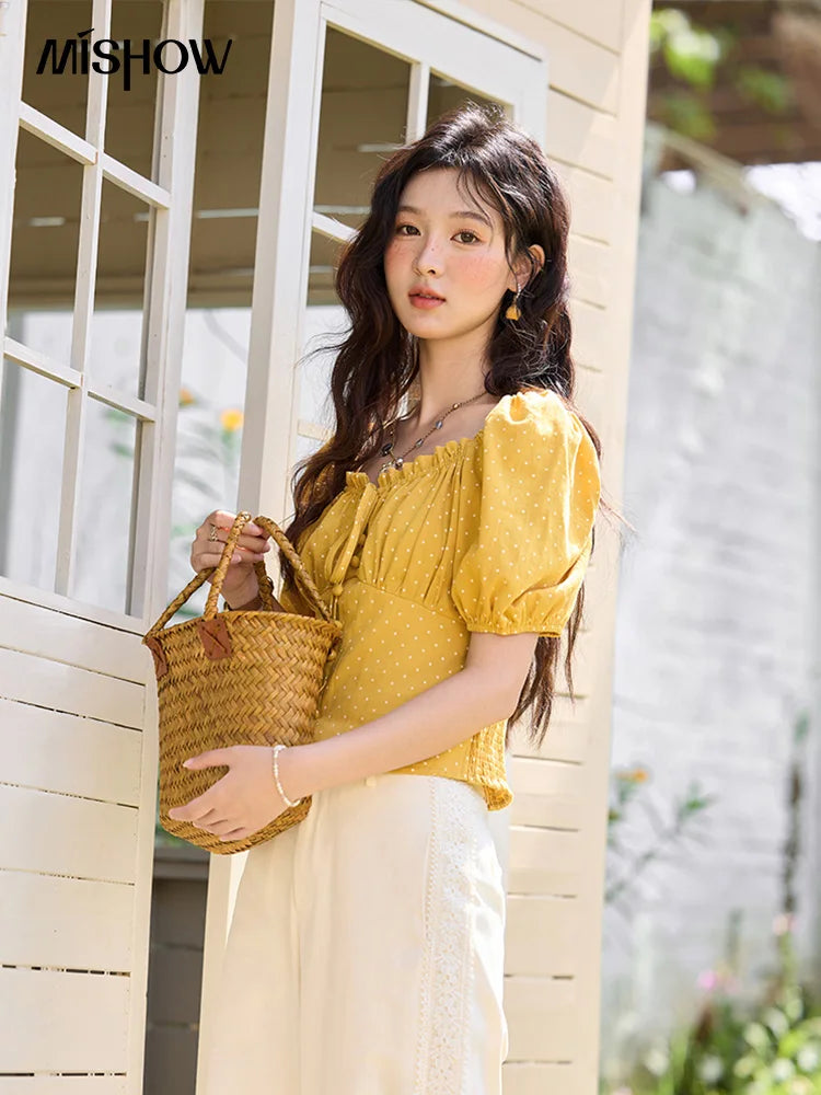 MISHOW Yellow Polka Dot One Shoulder Blouse Back Elastic Lace-Up MXE35X1840