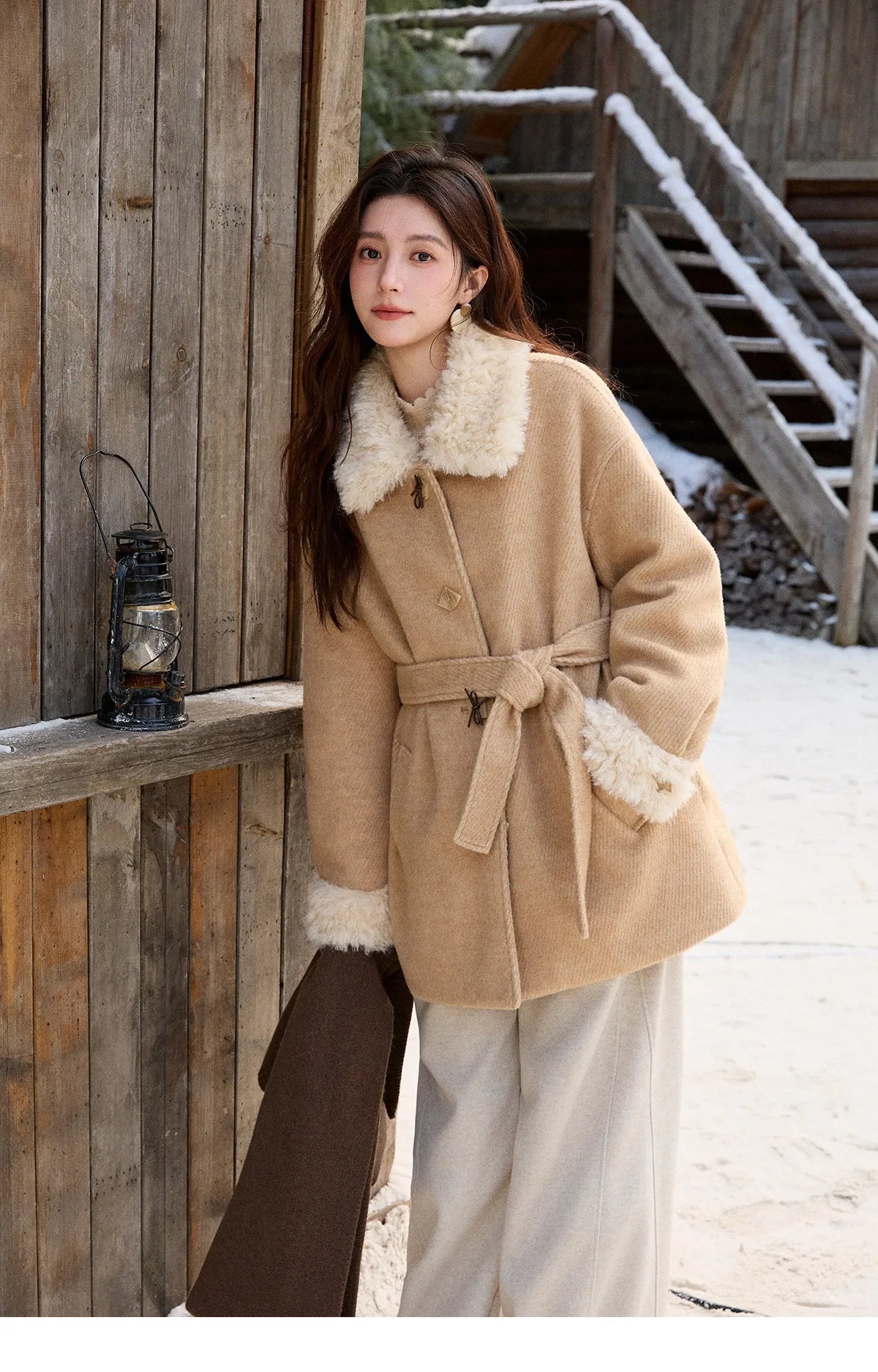 Mishow Thick Wool Blend Belted Patchwork Coat MXE92W0997