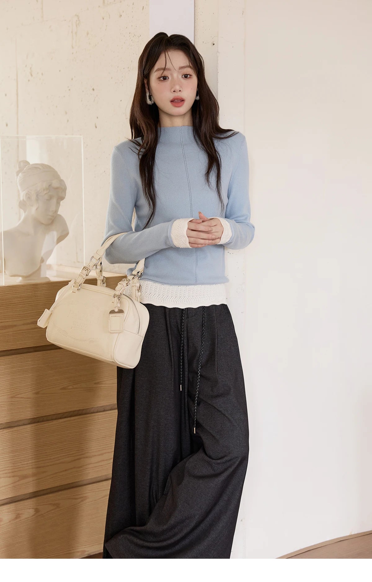 MISHOW Gray Wide-Leg Pants Lace-Up High Waist Slim MXE51K1106