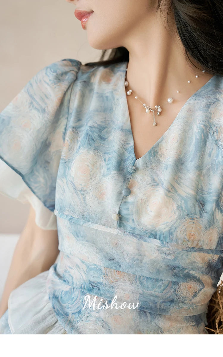 Mishow Van Gogh Double Layer Sleeve Asymmetrical Dress MXC39L1527