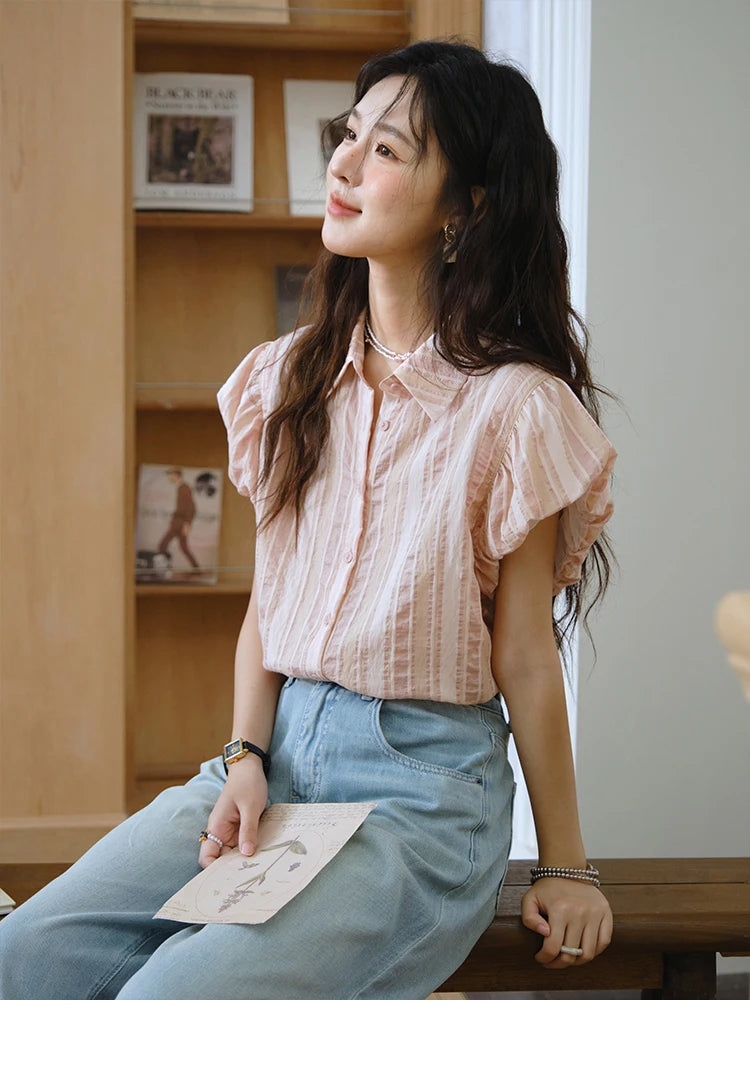 MISHOW Pink Turn-Down Collar Shirt Flower Bud Sleeve Striped MXD24C0204