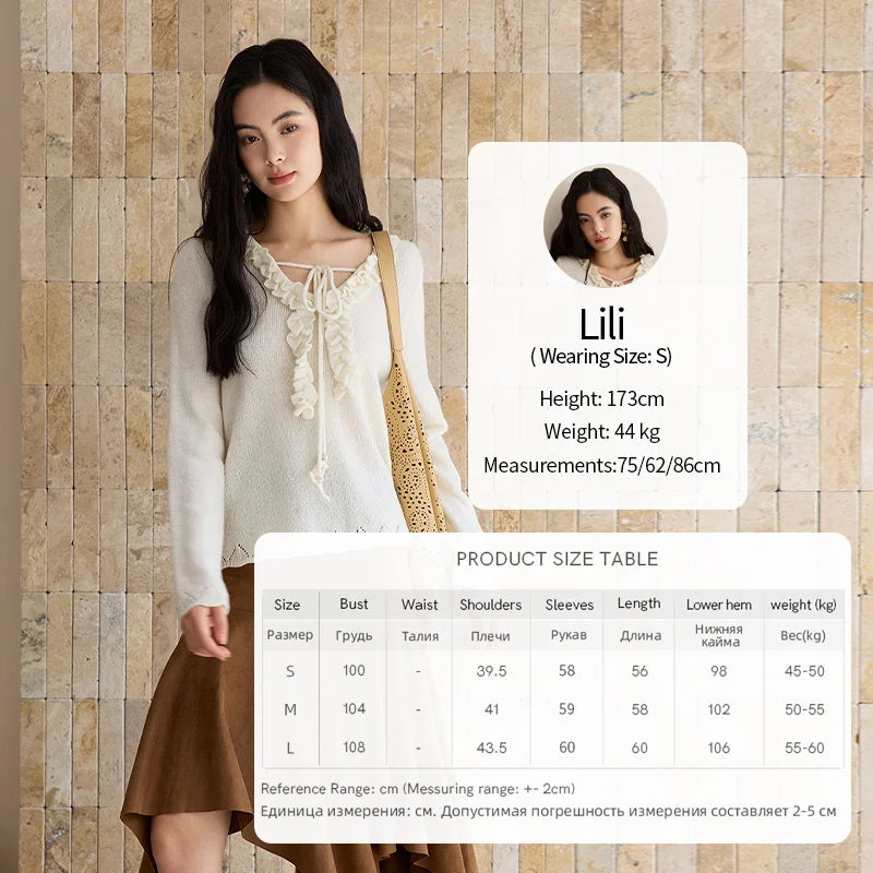 Mishow Beige V-Neck Wood Ear Hollow Sweater MXE51Z2595