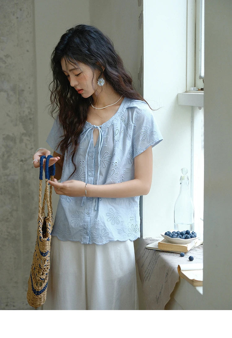 MISHOW Cotton Shirt O-Neck Button Lace Up Hollow Embroidery MXE37X1890