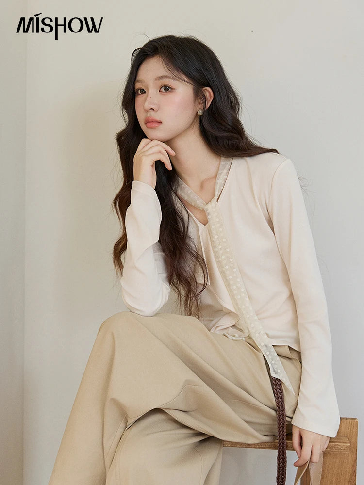 Mishow V-Neck Lace Ribbon Flare Sleeve Top MXF108Z1016