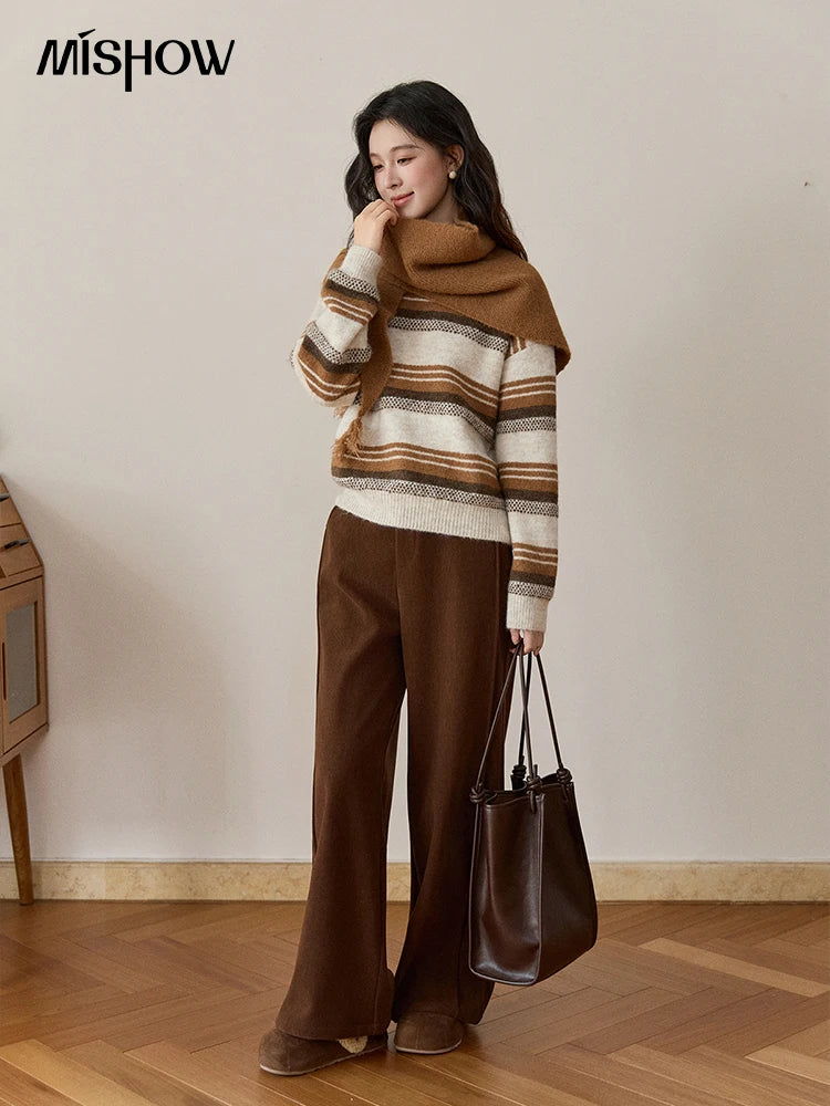 Mishow Wool Blend Retro Striped Sweater with Scarf MXE94Z2987