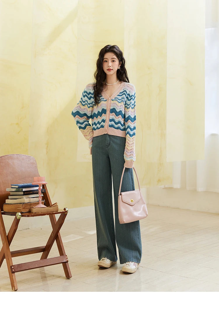 Mishow Color Stripe V-Neck Loose Cardigan MXE16Z1203
