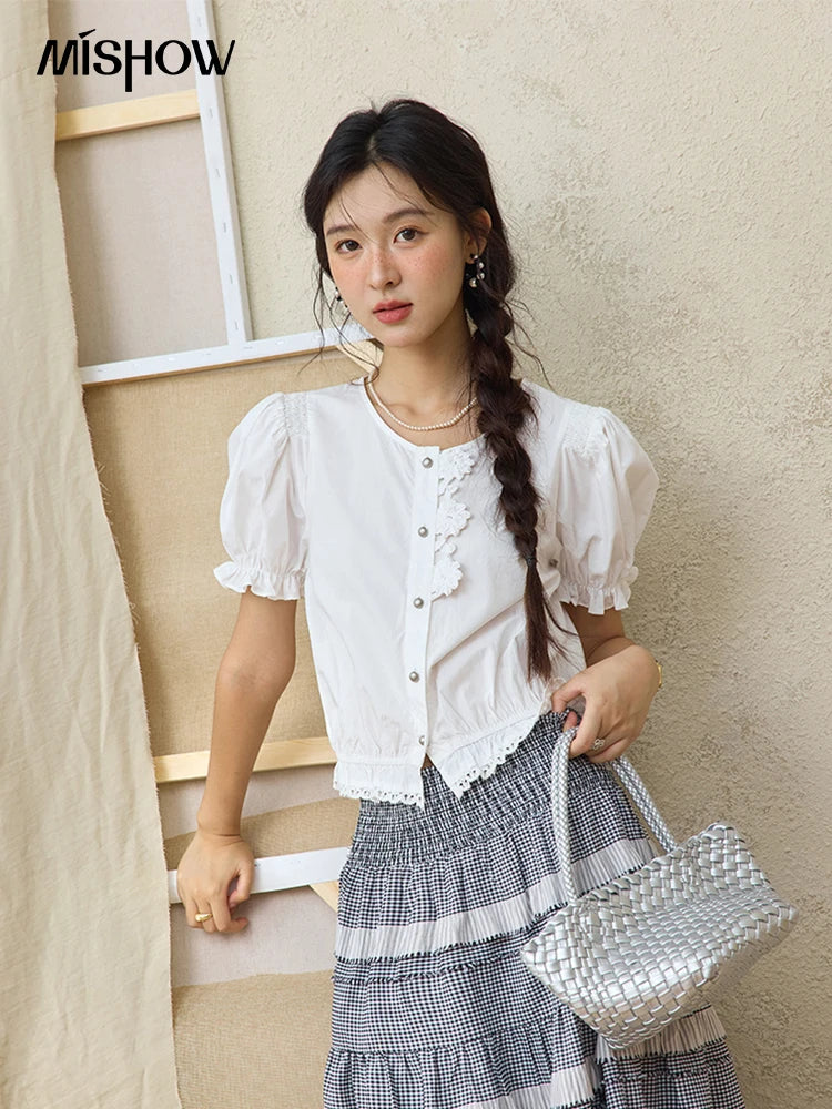 MISHOW Lace Puff Sleeve Shirt Flower Buttons Hem Elastic MXE34X1820