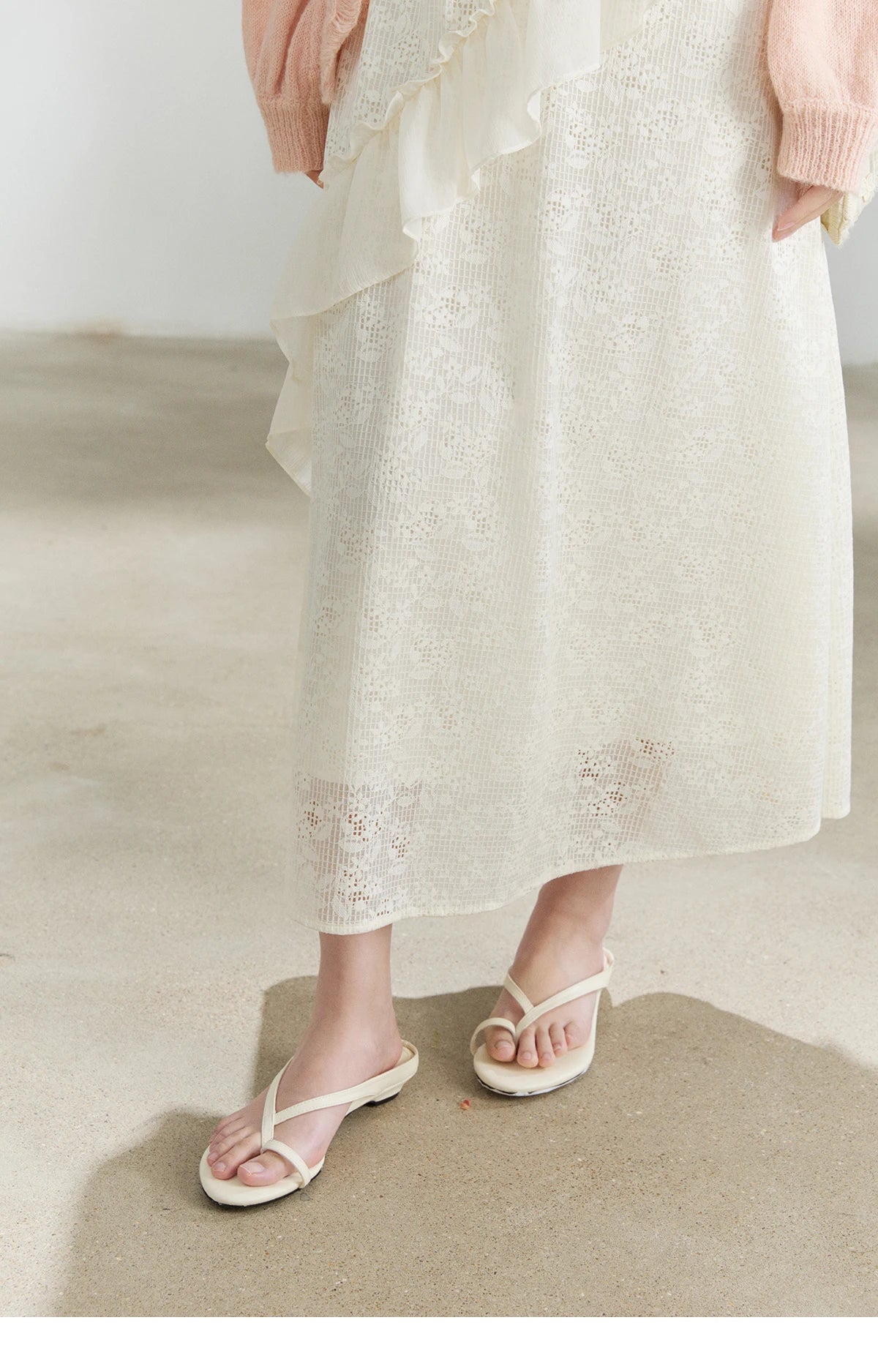 Mishow Cream Irregular Lace Ruffled Slip Dress MXF108L1005