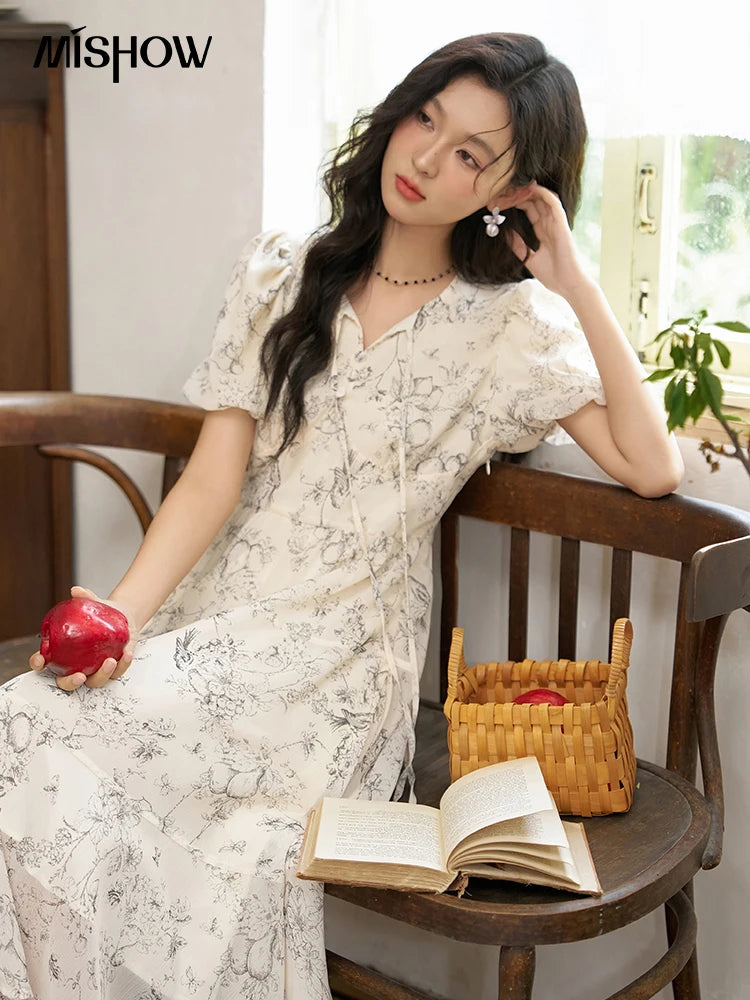 MISHOW Floral Print Lace-Up Chiffon Dress MXD27L1841