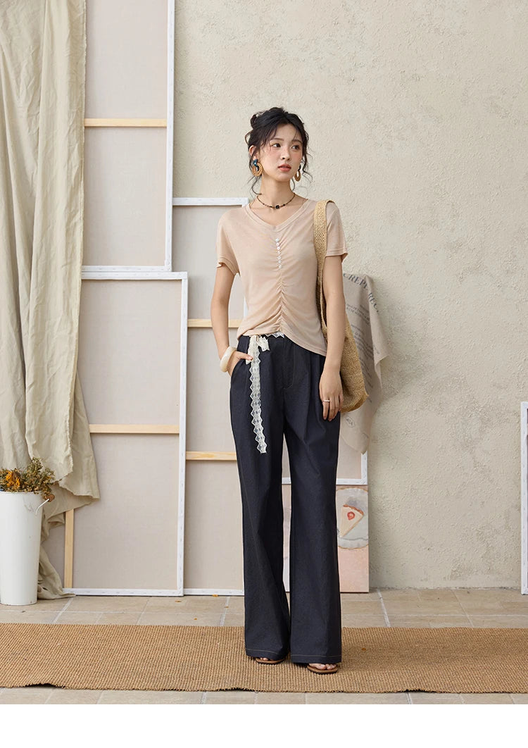 Mishow V-Neck Front Elastic Shell Button Tee MXE34T0560