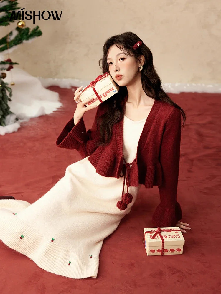 Mishow Pom-Pom Lace-Up Cardigan & Ruffle Strap Dress Set MXD59L2133