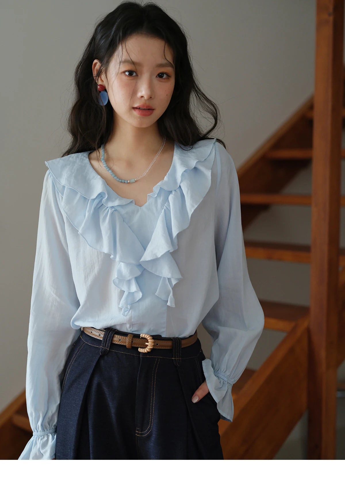 MISHOW Blue Lyocell Ruffled Shirt Flared Sleeves MXE41X1969