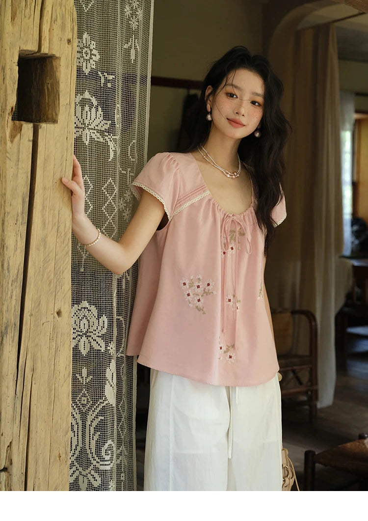 MISHOW Embroidery Flower Blouse O-Neck Lace Up Flying Sleeve MXE39X1880