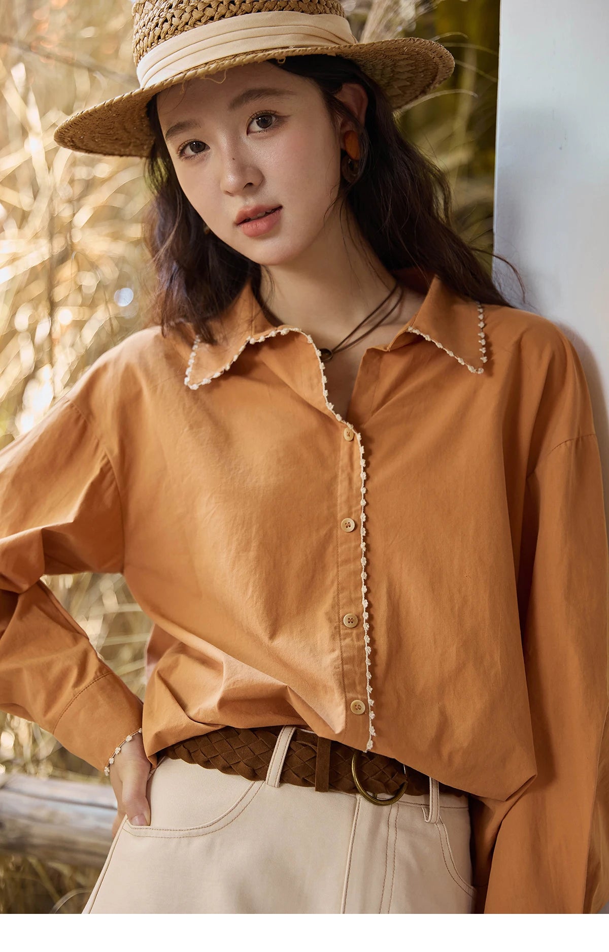 MISHOW Women's 100% Cotton Lace Trim Shirt MXE43C2377