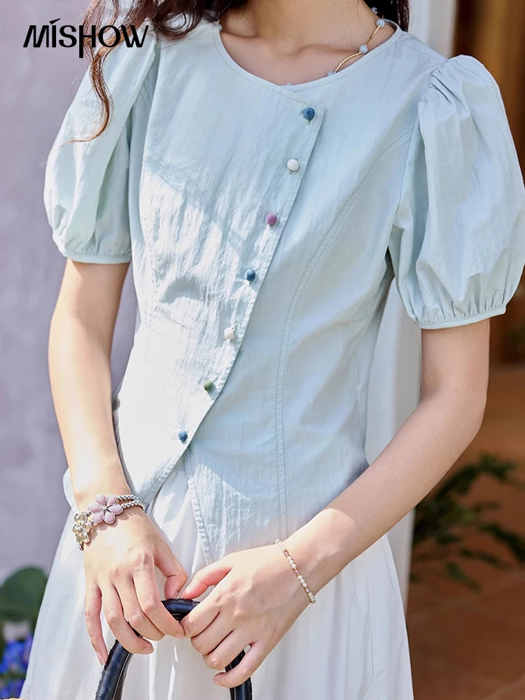 MISHOW Bubble Sleeve Blouse Irregular Placket Rainbow Buttons MXE34X1782