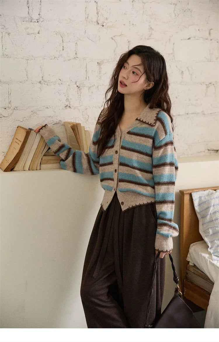 Mishow Retro Striped V-Neck Wool Cardigan MXE87Z2681