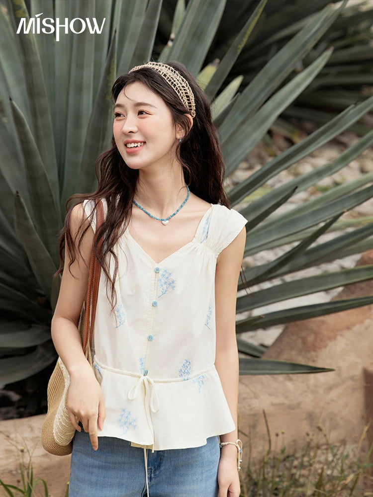 MISHOW Print Sleeveless V-Neck Blouse Blue Flower Cotton MXE32X1777