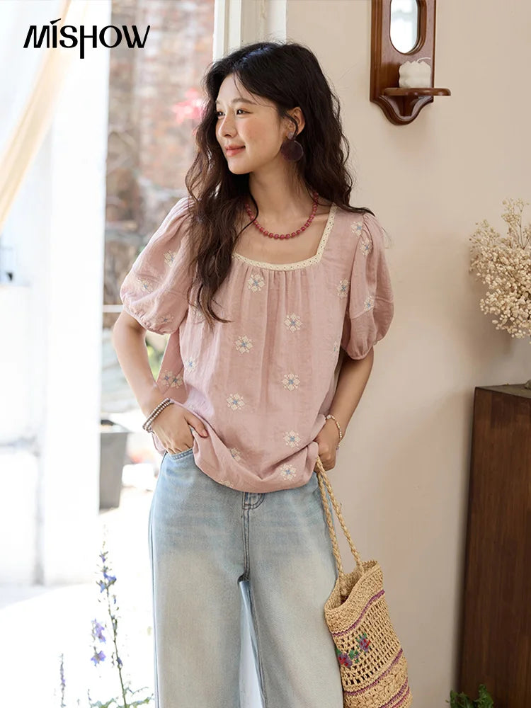 MISHOW Pink Embroidered Linen Blouse Square Collar Lace Patchwork MXE35X1834