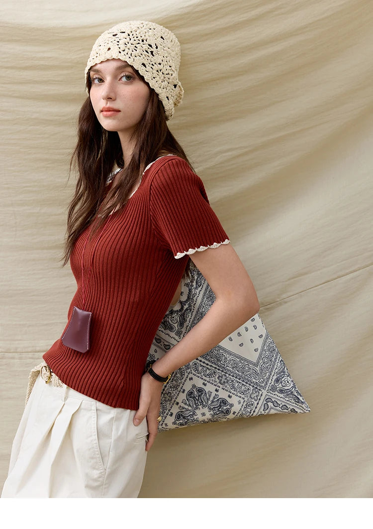 Mishow Office Lady Lace Collar Contrast Hook Top MXE33Z1218