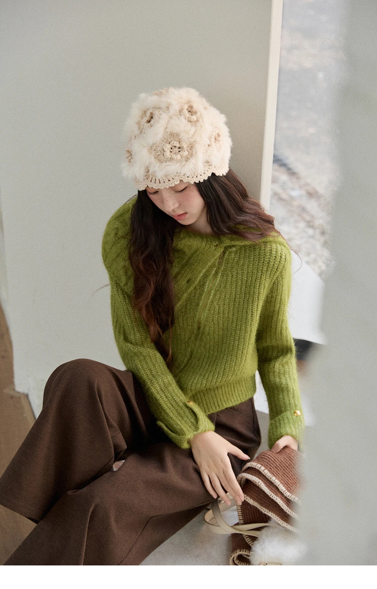 Mishow Green Wool Blend Long-Pile Large Lapel Pullover MXE90Z2760