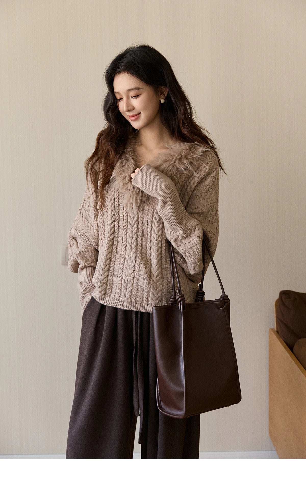 Mishow Faux Fur Collar Batwing Cable Knit Pullover MXE94Z2985