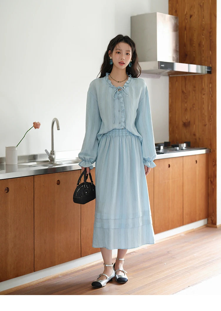 Mishow Light Blue Linen V-Neck Lace-Up Shirt & Elastic Skirt Set MXE41T0700