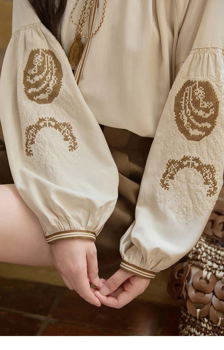 MISHOW Apricot Embroidered Blouse Tassels Lantern Sleeves MXE41X1940