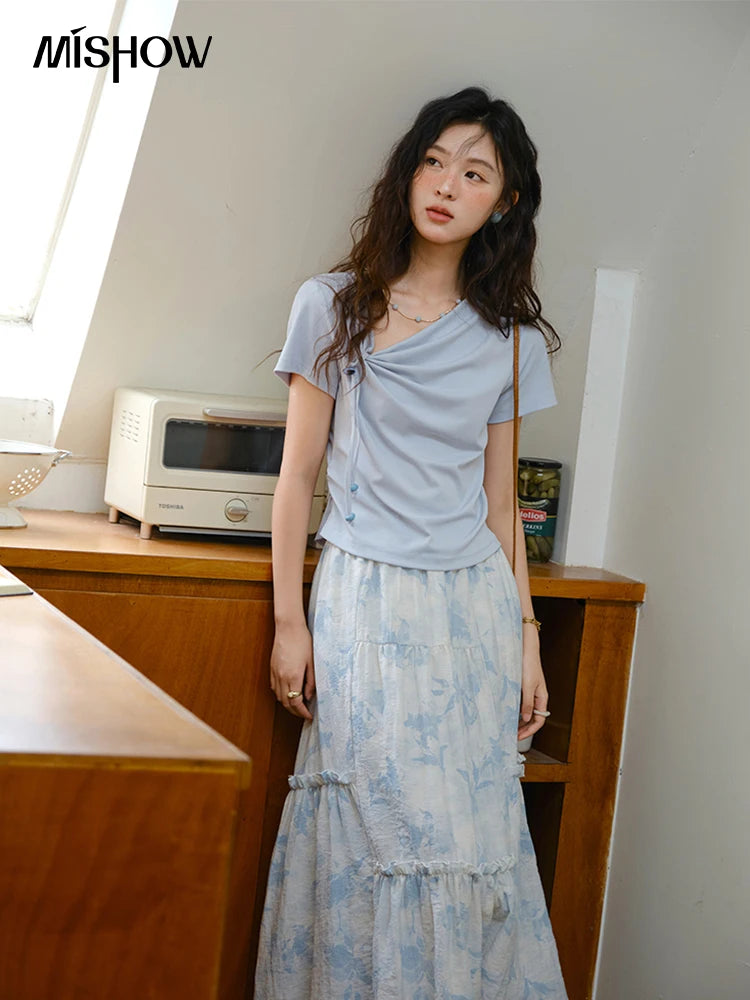 Mishow Lace-Up Print Top & Wide Leg Half Skirt Set MXE35T0596