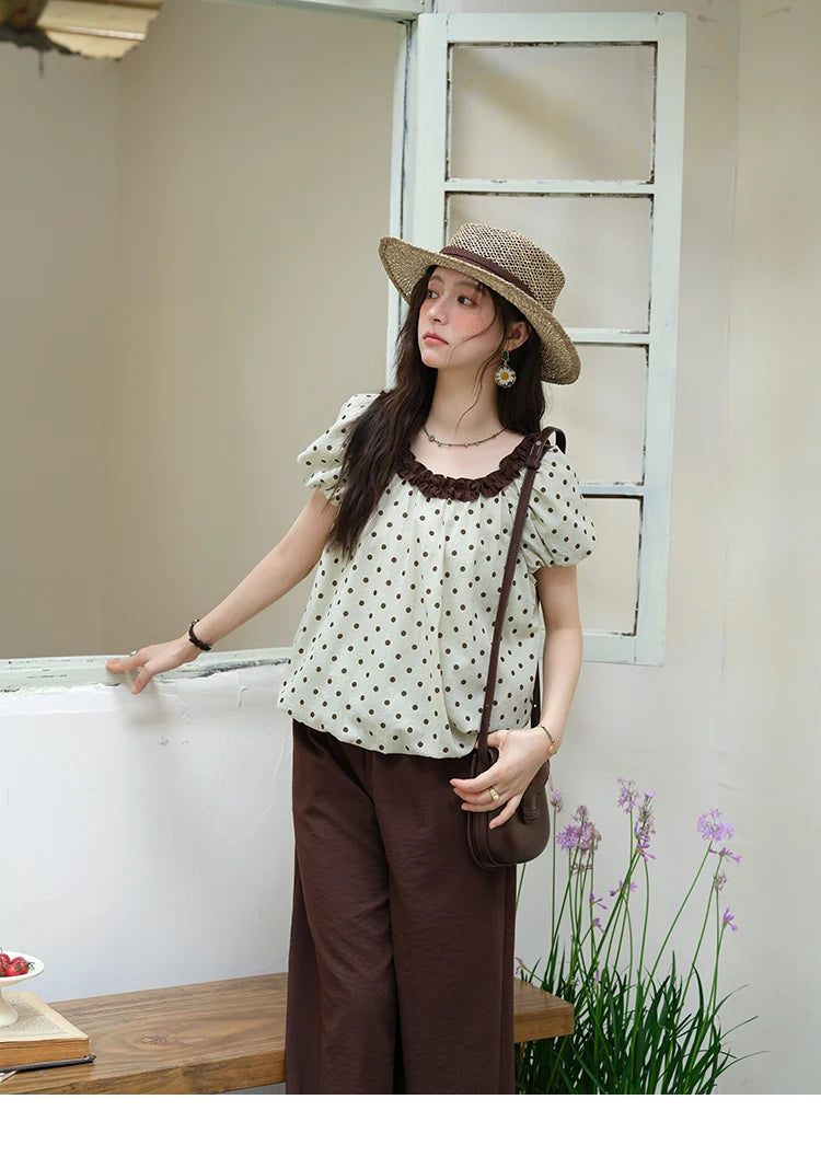 Mishow Polka Dot Puff Sleeve Top & Wide Leg Pants Set MXE39T0657