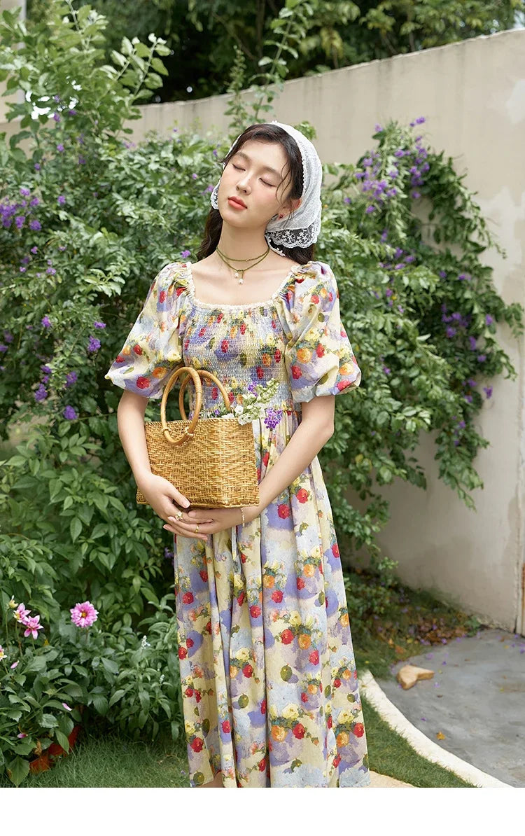 Mishow Floral Smocked Puff Sleeve Beach Dress MXD24L1905
