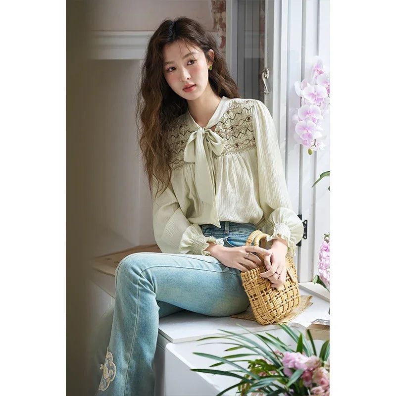MISHOW Ribbon Collar Shirt Sweet Cuffs Pleated Embroidered Petal Sleeve MXD14C0226