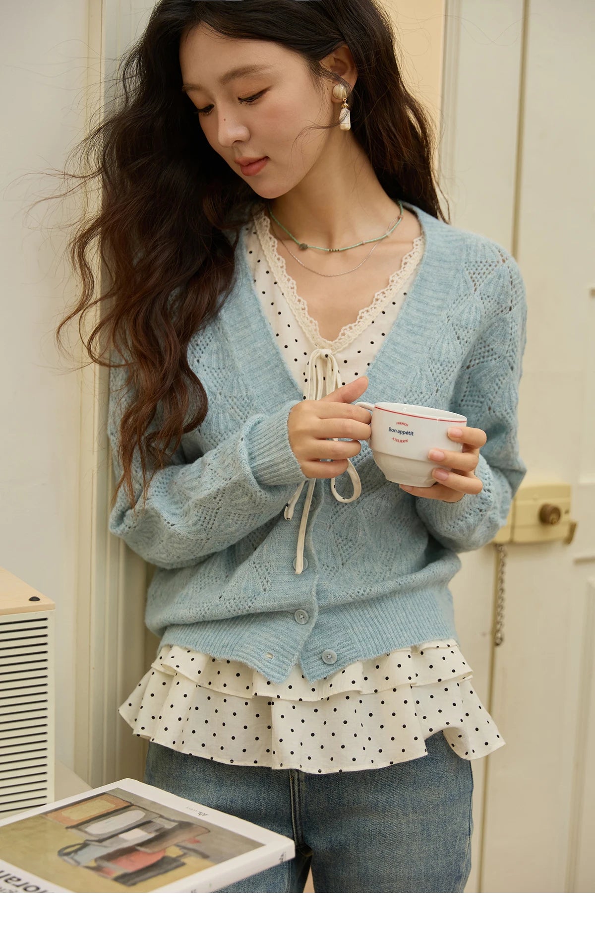 Mishow Blue Argyle Dropped Sleeve Wool Cardigan MXE41Z1313