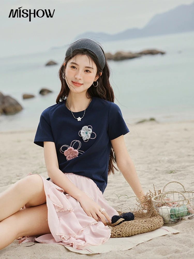 Mishow Flower Beaded Round Neck Tee MXE33T0499