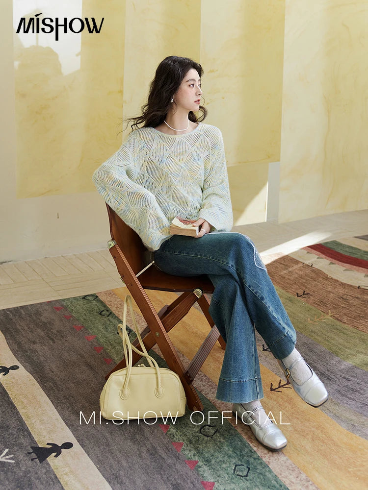 Mishow Hollow Dropped Shoulder Hem Wavy Edge Sweater MXE14Z1208
