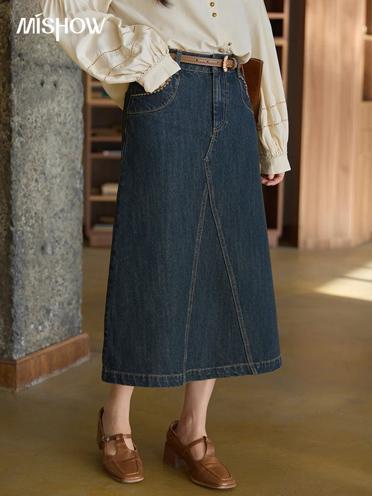 MISHOW High Waist Slim Denim Skirt Pocket Rear Hem Split MXE41B2379