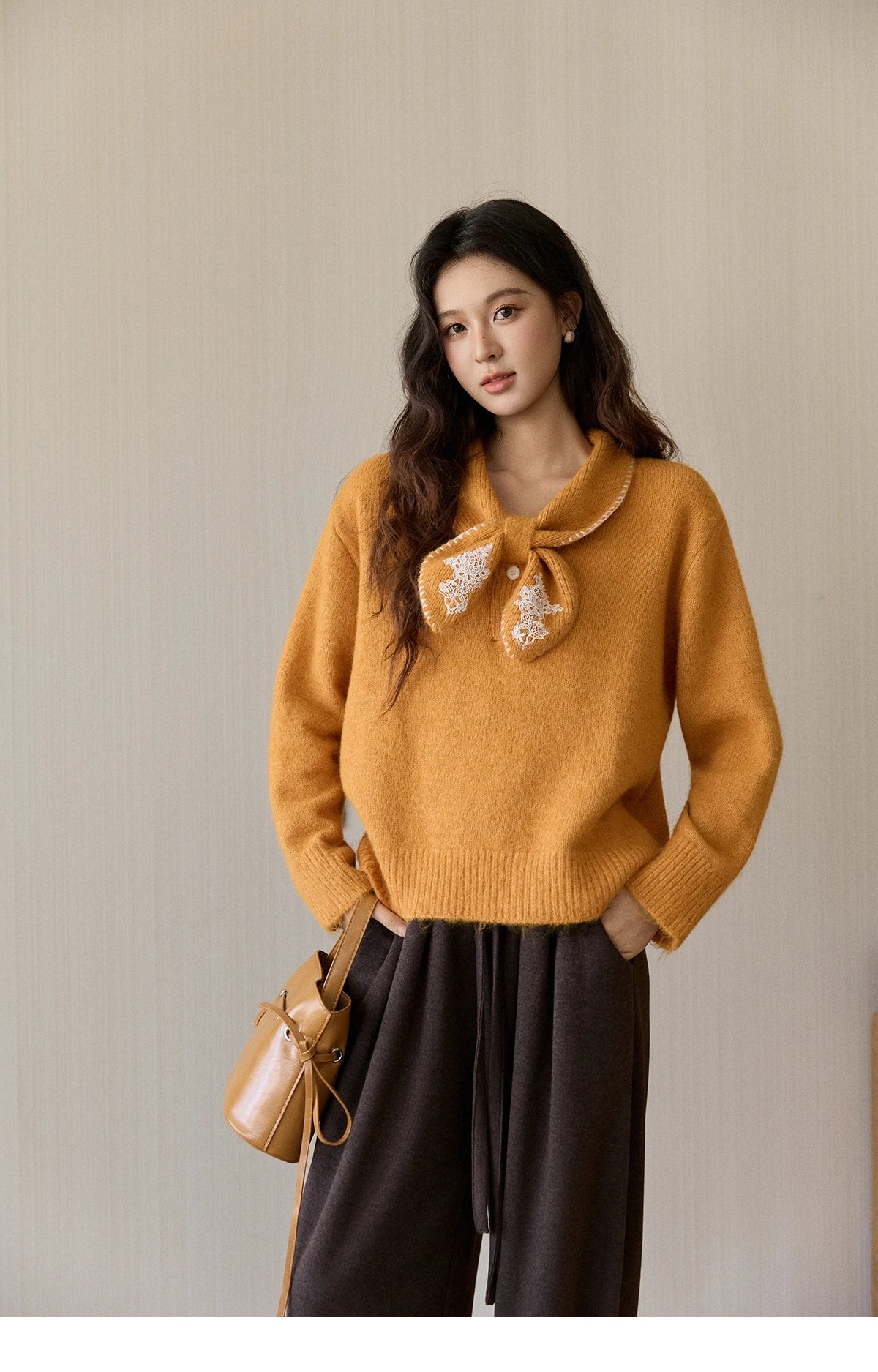 Mishow Yellow Bow Collar Lace Splicing Sweater MXE94Z2971