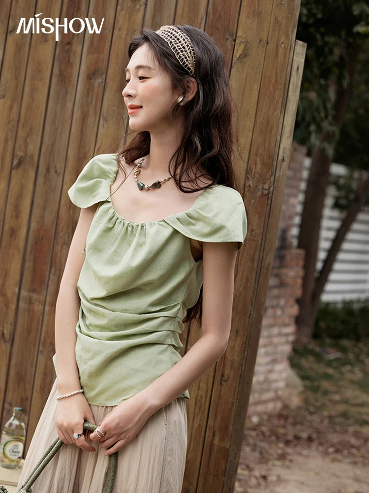 MISHOW Short Flying Sleeve Blouse Square Collar Slimming MXE34X1804