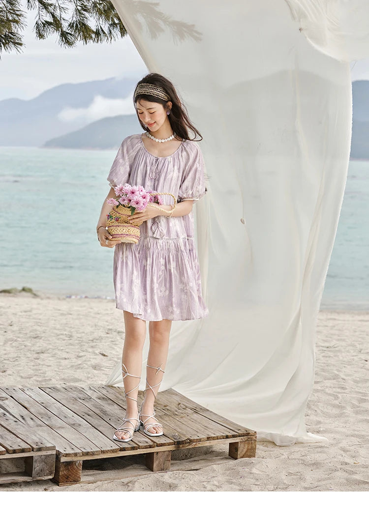 Mishow Print U-Neck Lace Hollow Chiffon Dress MXE32L2164