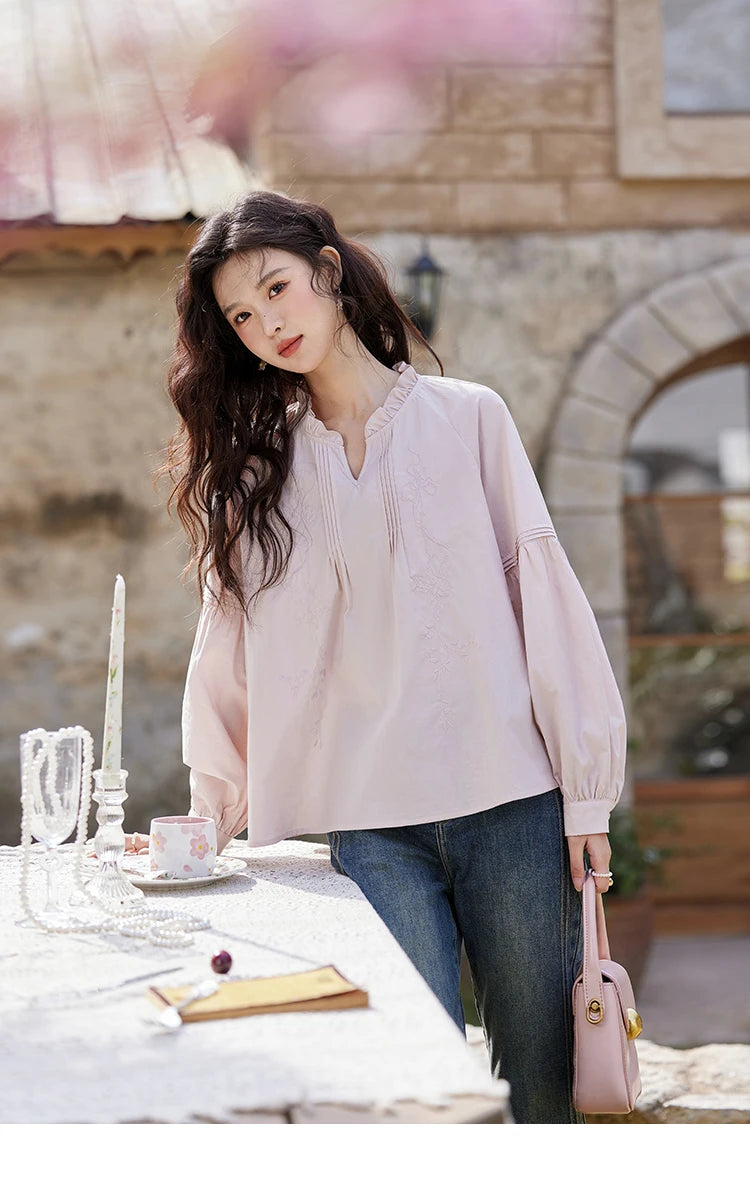 MISHOW Pink Cotton Ruffled Blouse Loose Long Sleeve MXE13X1699