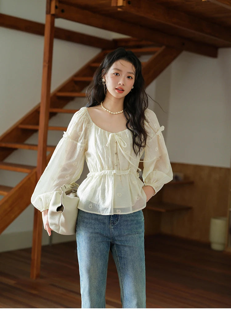 MISHOW Cashew Flower Embroidered Blouse V-Neck Lace Up Puff Sleeve MXE41X1945