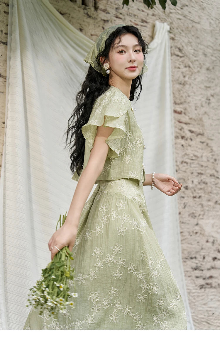 Mishow Chinese Green Stand Collar Top & Selvedge Skirt Set MXD22X1388