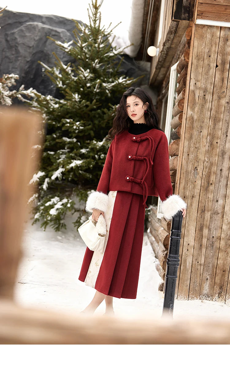 Mishow Tweed Jacket with Removable Fur Collar & Pleated Skirt Set MXD59W0609