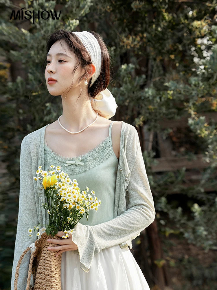Mishow Light Green Lace Bow Camisole & Cardigan Set MXE15T0504