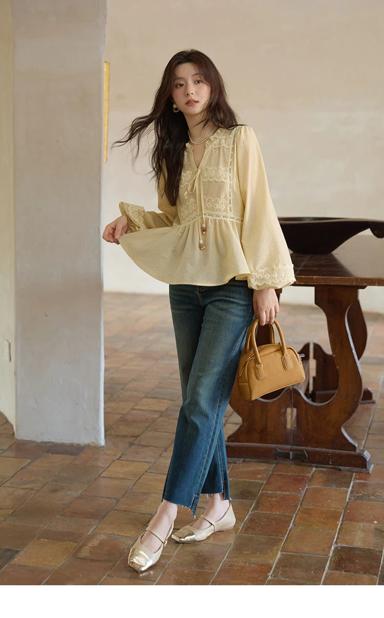 MISHOW French V-Neck Blouse Lace Patchwork Lantern Sleeve MXE41X1925