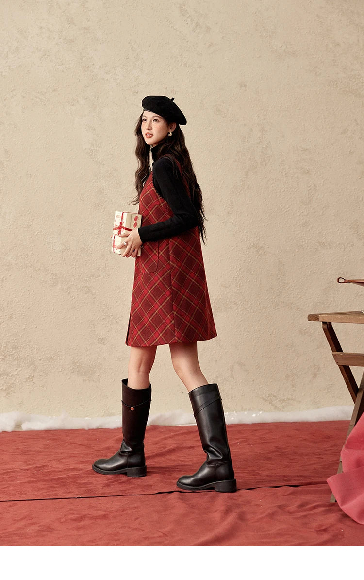 Mishow Plaid Square Neck Woolen Vest Dress MXD58L2078