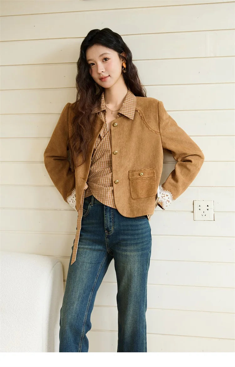 MISHOW Fragrant Suede Jacket Cuffs Hollowed Out Lace Metal Button MXE46W0839