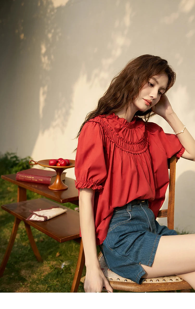 MISHOW French Cotton Bubble Sleeve Blouse Lace Collar MXD23X1500