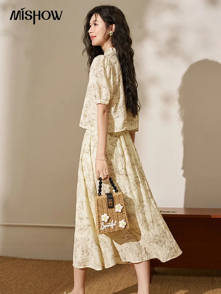 Mishow Chinese Embroidered Puff Sleeve Top & A-Line Skirt Set MXD24X1405