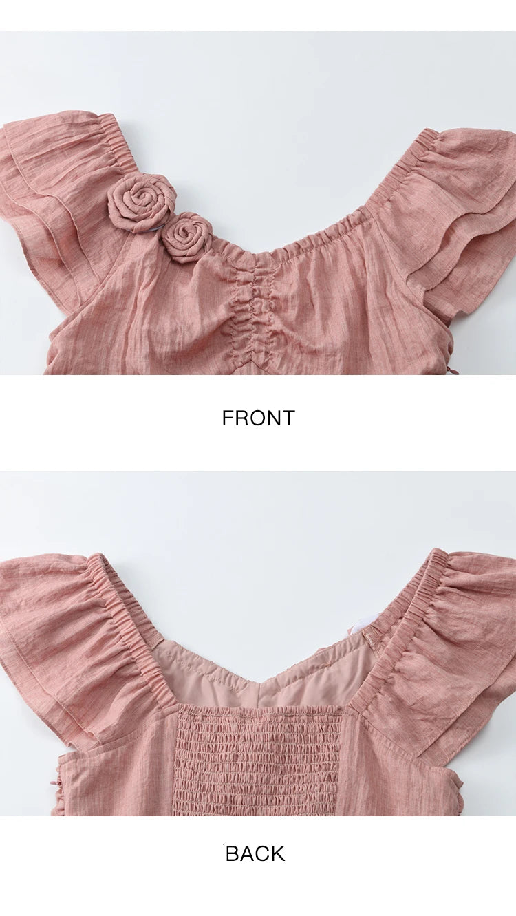 Mishow Flower Flying Sleeve V-Neck Pink Dress MXE34L2243